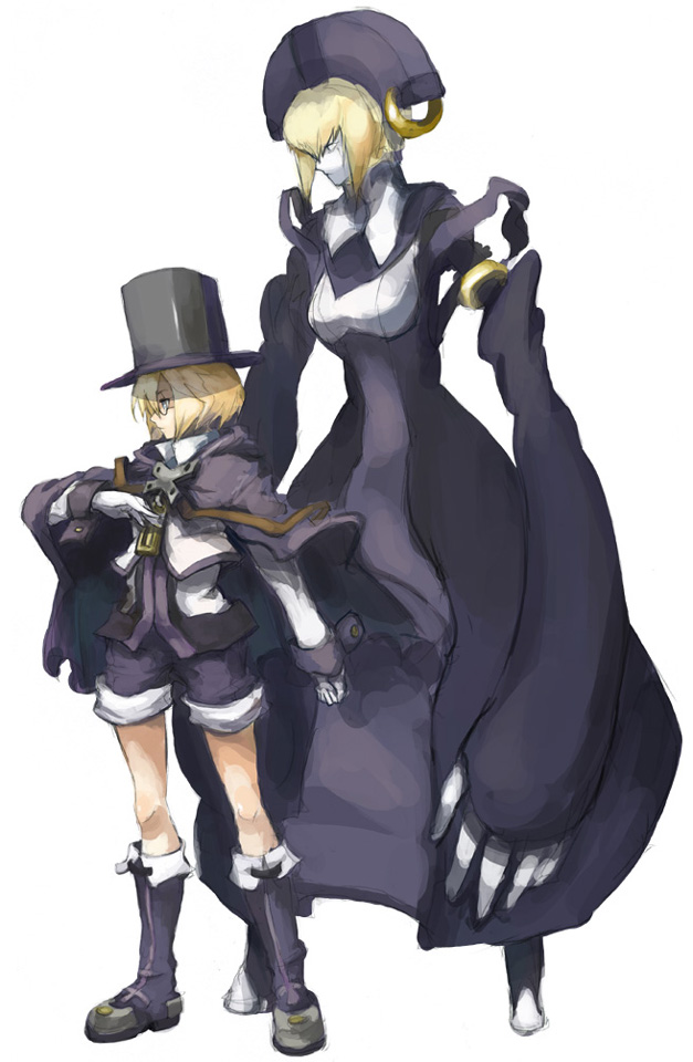 1boy 1girl blazblue blonde_hair blue_eyes cape carl_clover glasses graphite_(medium) hand_on_own_chest hat kasa nirvana puppet shorts top_hat traditional_media white_background