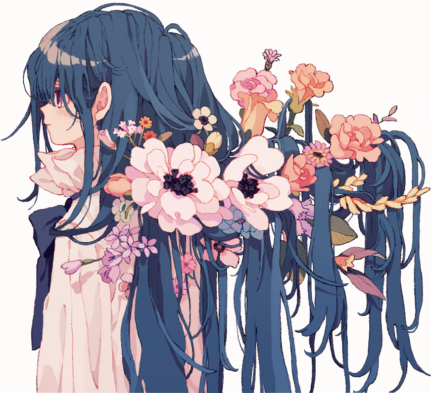 1girl bangs black_neckwear blue_hair blush flower ka_(marukogedago) long_hair orange_flower original pink_flower profile purple_flower red_flower shirt simple_background solo upper_body white_background white_flower white_shirt yellow_flower