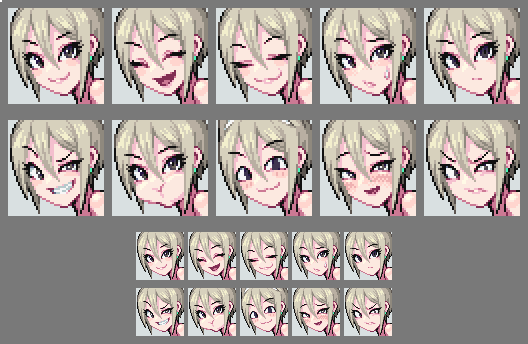 1girl angry blonde_hair blush commentary eyebrows_visible_through_hair grey_eyes hair_between_eyes idolmaster idolmaster_cinderella_girls multiple_views pixel_art portrait pout rm shiomi_shuuko short_hair smirk smug sweatdrop