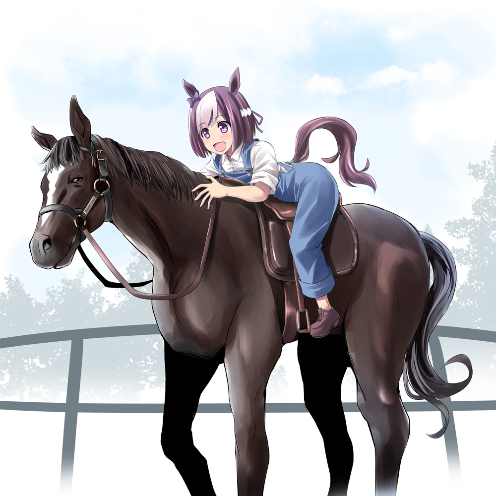 1girl :d animal_connection animal_ears bangs bow brown_footwear brown_hair collared_shirt commentary_request ear_ribbon eyebrows_visible_through_hair hachimaki hairband headband horse horse_ears horse_girl horse_tail irony leaning_forward long_hair multicolored_hair no_socks open_mouth overalls partial_commentary purple_bow riding shirt shoes short_hair short_sleeves smile solo special_week swept_bangs tail tonpuu two-tone_hair umamusume violet_eyes white_hairband white_headband white_shirt younger