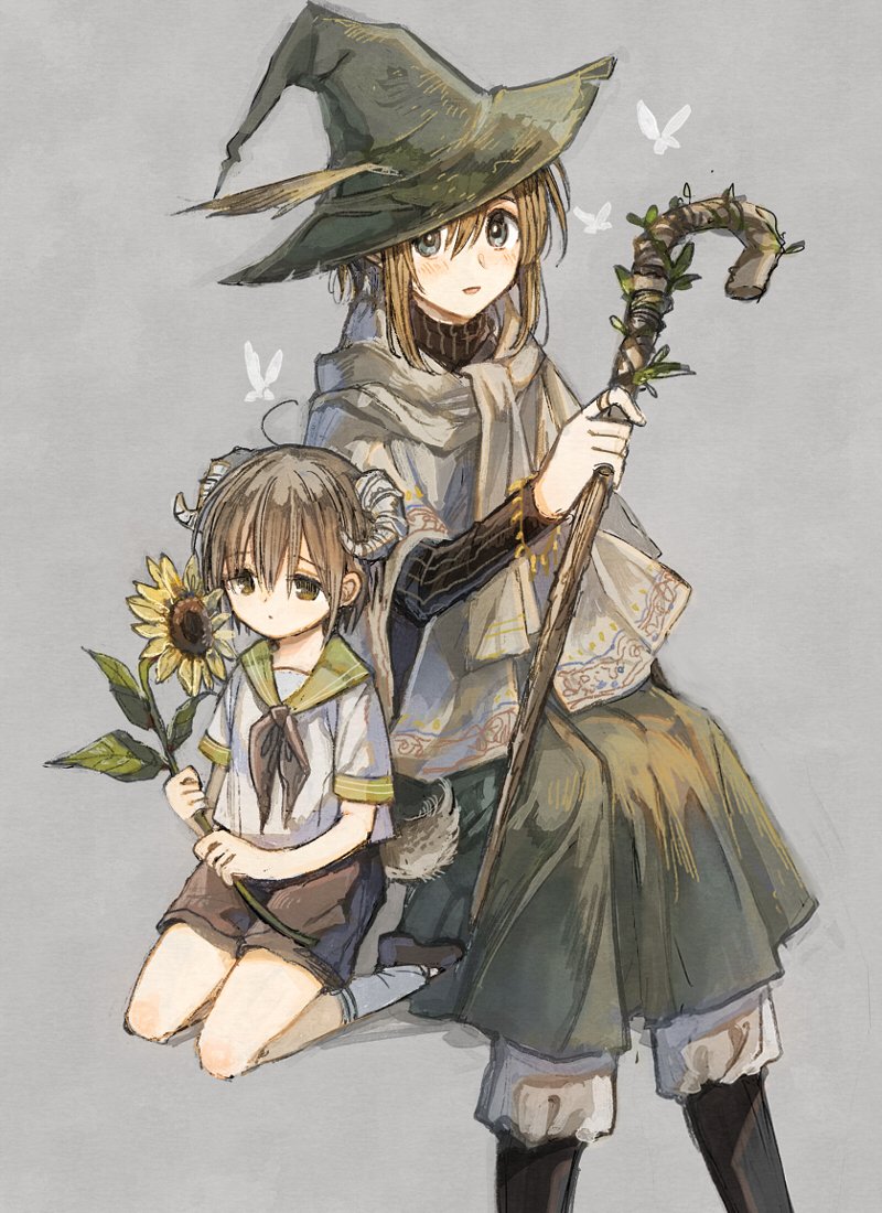 1boy 1girl age_difference ahoge brown_hair cane child dress flower green_dress green_sailor_collar hat holding holding_cane horns itou_hachi long_sleeves original poncho sailor_collar school_uniform serafuku short_hair shorts socks sunflower tareme white_legwear witch_hat