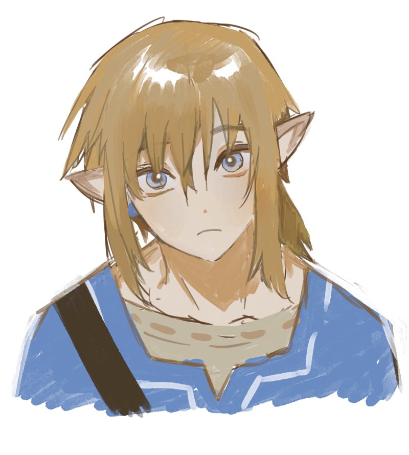 1boy bangs blonde_hair blue_eyes blue_tunic closed_mouth cropped_torso earrings hair_between_eyes jewelry link looking_at_viewer mabelmine male_focus pointy_ears shirt simple_background solo the_legend_of_zelda the_legend_of_zelda:_breath_of_the_wild tunic upper_body white_background