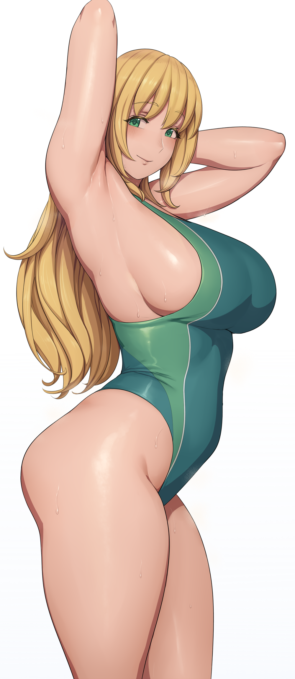 1girl armpits arms_up ass atago_(kantai_collection) blonde_hair breasts commentary from_side green_eyes highres kantai_collection large_breasts looking_at_viewer looking_to_the_side lvl_(sentrythe2310) one-piece_swimsuit raised_eyebrows sideboob simple_background smile solo swimsuit thick_thighs thighs white_background