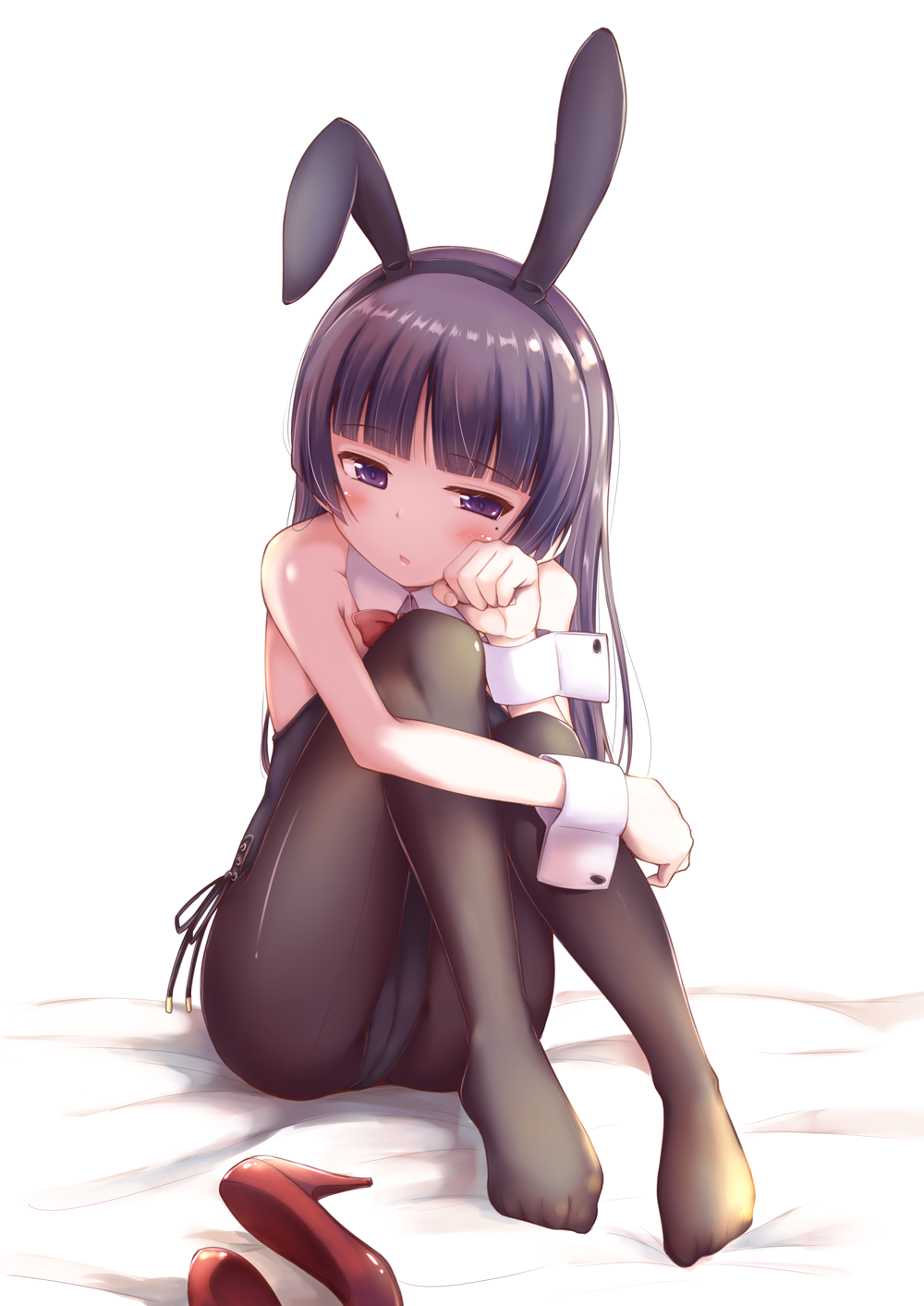 1girl animal_ears bangs black_hair black_legwear black_leotard blunt_bangs bow bowtie bunny_girl bunny_tail bunnysuit commentary_request detached_collar gokou_ruri herunin high_heels highres leotard long_hair looking_at_viewer mole mole_under_eye ore_no_imouto_ga_konna_ni_kawaii_wake_ga_nai pantyhose rabbit_ears red_footwear red_neckwear shoes_removed sitting solo strapless strapless_leotard tail violet_eyes wrist_cuffs