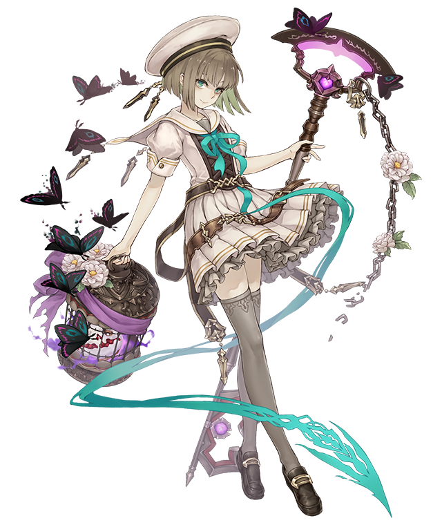 1girl aqua_eyes birdcage brown_hair bug butterfly cage chain flower full_body gretel_(sinoalice) hansel_(sinoalice) hat insect ji_no key loafers looking_at_viewer official_art ribbon sailor_collar school_uniform shoes sinoalice skirt smile solo staff thigh-highs transparent_background