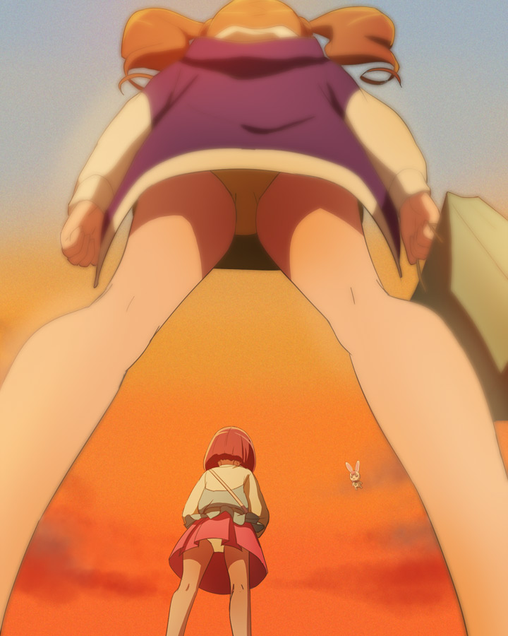 2girls bag brown_hair clouds from_behind from_below hanadera_nodoka haruyama_kazunori healin'_good_precure hiramitsu_hinata holding holding_bag jacket legs long_sleeves multiple_girls orange_sky outdoors panties pantyshot precure rabirin_(precure) red_skirt redhead shirt short_hair skirt sky standing twintails underwear