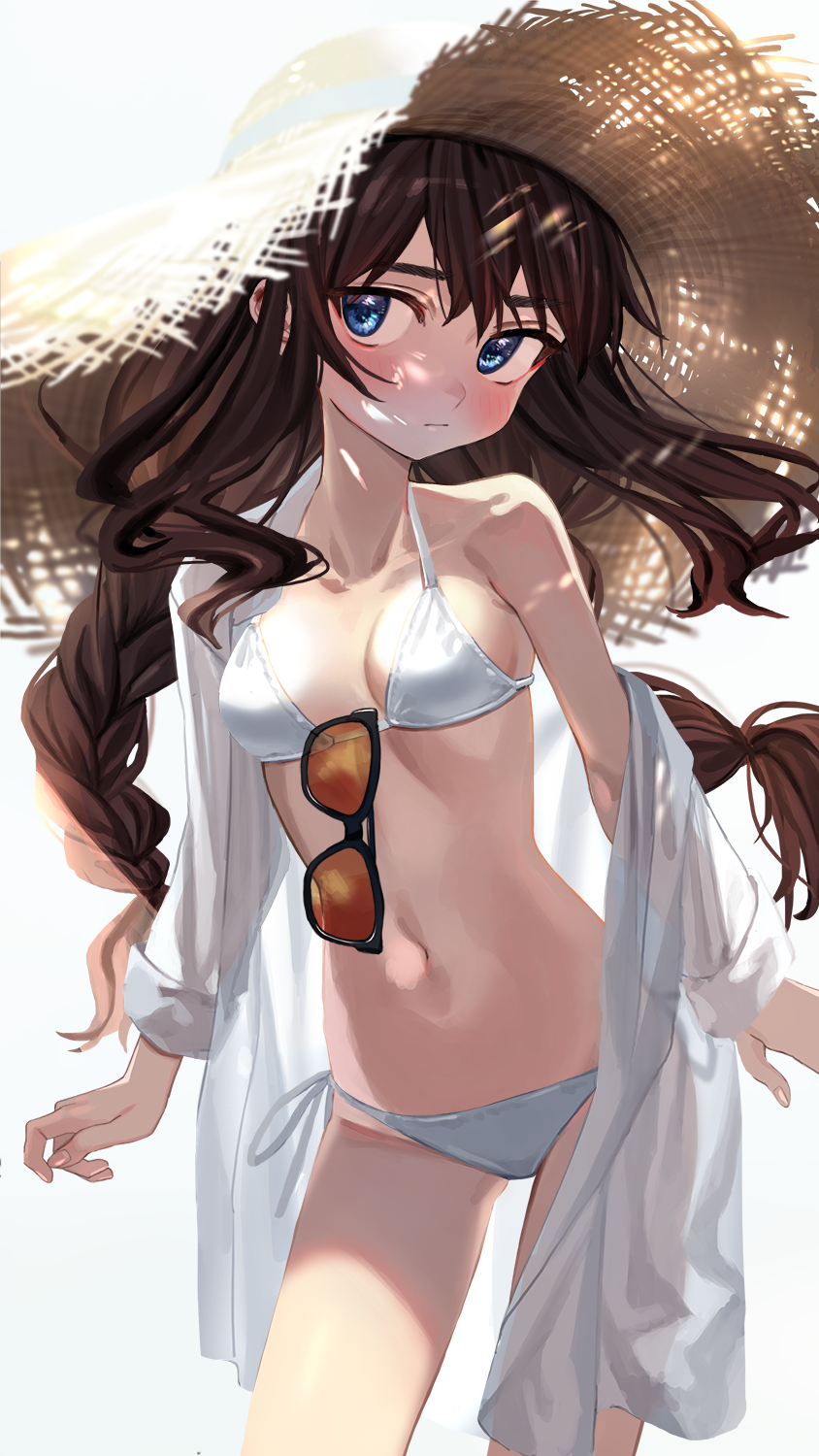 1girl backlighting bikini black-framed_eyewear blue_eyes blush braid breasts brown_hair character_request collarbone commentary_request contrapposto copyright_request cowboy_shot day eyewear_removed hat highres long_braid luicent navel off-shoulder_shirt off_shoulder open_clothes open_shirt orange-tinted_eyewear see-through shirt side-tie_bikini sleeves_rolled_up small_breasts solo standing straw_hat sun_hat sunglasses swimsuit twin_braids white_background white_bikini