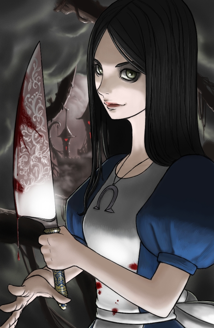1girl alice:_madness_returns alice_(wonderland) american_mcgee's_alice black_hair blood breasts closed_mouth dress jewelry knife lipstick long_hair looking_at_viewer makeup necklace smile solo