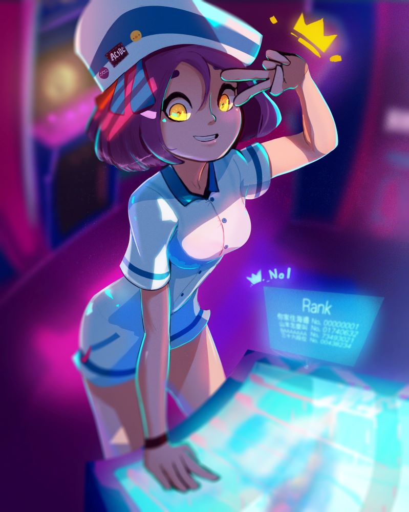 1girl :d acdc arcade arcade_cabinet arm_support badge bangs blurry bob_cut breasts button_badge buttons commentary_request crown_(symbol) depth_of_field from_above glowing hair_between_eyes hand_up hat indoors lamb_goes_baaaaa large_breasts leaning_forward legs_apart looking_at_viewer neon_lights open_mouth original parted_bangs pink_hair pose romper sailor_hat shade shiny shiny_hair short_sleeves smile standing striped_sleeves thick_eyebrows thighs translation_request v wristband yellow_eyes