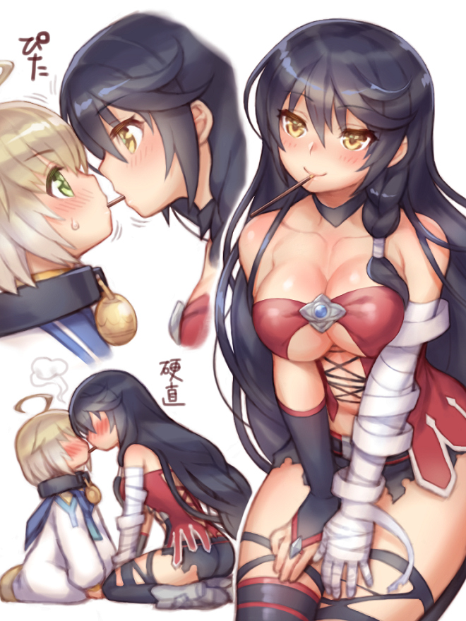 age_difference bandaged_arm bandages black_choker black_hair black_legwear blonde_hair blush breasts choker closed_mouth collar collarbone eye_contact folks_(nabokof) food green_eyes hetero laphicet_(tales) large_breasts long_hair looking_at_another mouth_hold pocky pocky_kiss short_hair simple_background sitting smile tales_of_(series) tales_of_berseria thigh-highs under_boob velvet_crowe wariza white_background yellow_eyes