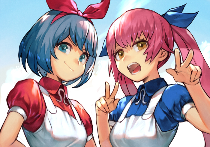 2girls bangs blue_eyes blue_hair blue_ribbon blue_shirt brown_eyes collared_shirt dress hair_ribbon hankuri multiple_girls omega_rei omega_rio omega_sisters omega_symbol pink_hair puffy_short_sleeves puffy_sleeves red_ribbon red_shirt ribbon shirt short_sleeves sleeveless sleeveless_dress smile twintails upper_body virtual_youtuber white_dress