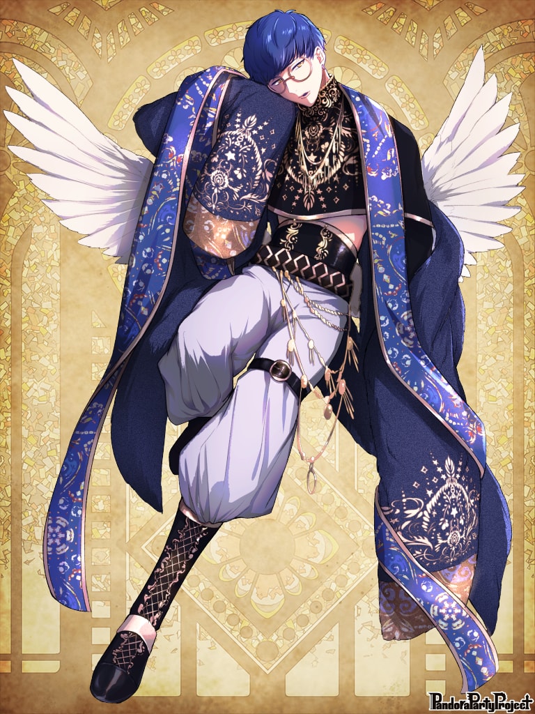 1boy angel_wings black_footwear blue_hair brown_eyes earrings full_body glasses gold_trim jewelry male_focus morino_bambi pandora_party_project simple_background sleeves_past_fingers sleeves_past_wrists solo thigh_strap wide_sleeves wings yellow_background yellow_eyes