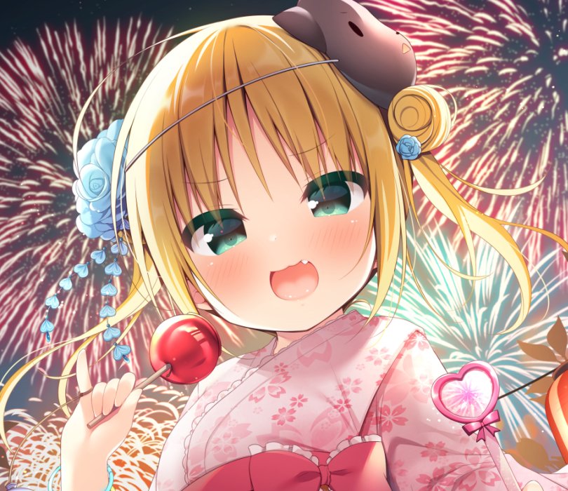 1girl :3 :d aerial_fireworks bangs bear_mask blonde_hair blue_flower blue_rose blush bow candy_apple cherry_blossom_print commentary_request double_bun eyebrows_visible_through_hair fang fireworks floral_print flower food frilled_bow frills green_eyes hair_flower hair_ornament hanamiya_natsuka heart holding holding_food japanese_clothes kimono long_hair looking_at_viewer mask mask_on_head night obi open_mouth original outdoors parted_bangs pink_kimono print_kimono red_bow rose sash smile solo twintails upper_body