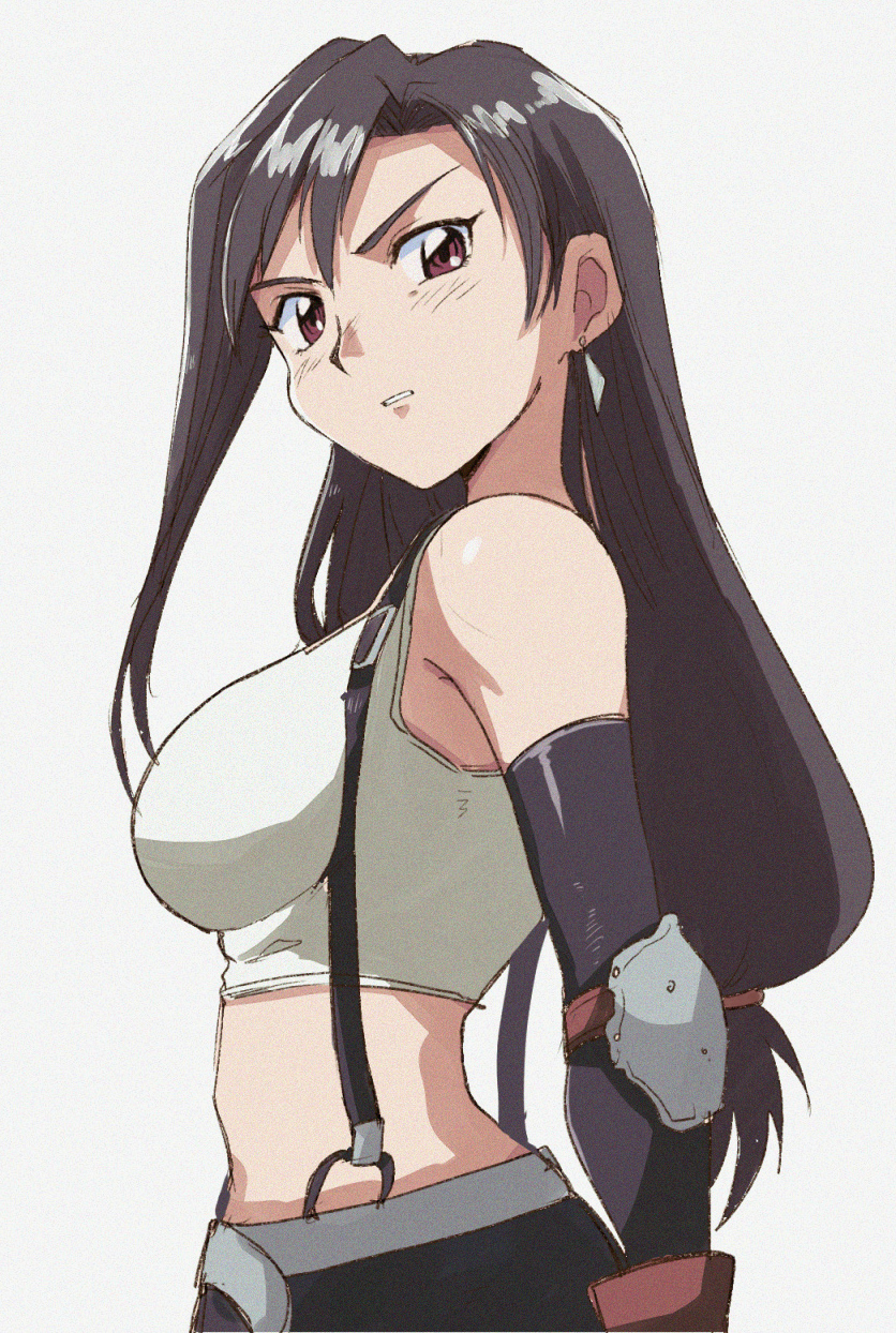 1girl asymmetrical_bangs bangs black_eyes black_gloves black_hair black_skirt bracer brown_gloves commentary_request crop_top earrings elbow_gloves elbow_pads final_fantasy final_fantasy_vii from_side frown gloves grey_background hair_tie highres jewelry long_hair looking_back low-tied_long_hair midriff parted_lips partial_commentary shirt simple_background skirt sleeveless sleeveless_shirt solo standing straight_hair suspender_skirt suspenders tifa_lockhart tsubobot white_shirt