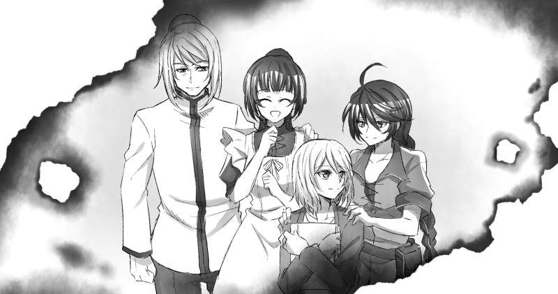 ahoge apron artorius_collbrande bangs braid celica_crowe clenched_hand closed_eyes collarbone facing_viewer greyscale hand_on_another's_shoulder hands_on_another's_shoulder high_ponytail jacket laphicet_crowe long_hair long_sleeves looking_back mishiro_(andante) monochrome pants shiny shiny_hair short_sleeves single_braid swept_bangs tales_of_(series) tales_of_berseria velvet_crowe very_long_hair white_apron