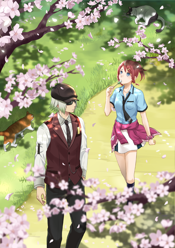 1boy 1girl black_legwear black_neckwear black_pants blue_eyes blue_shirt blurry_foreground brown_hair brown_vest cat cherry_blossoms clothes_around_waist collared_shirt dango day dezel_(tales) dress_shirt eating floating_hair food green_hair holding holding_food kneehighs looking_up miniskirt necktie outdoors pants red_sweater rose_(tales) saklo school_uniform shiny shiny_hair shirt short_hair short_sleeves skirt sunglasses sweater sweater_around_waist tales_of_(series) tales_of_zestiria vest wagashi walking wing_collar