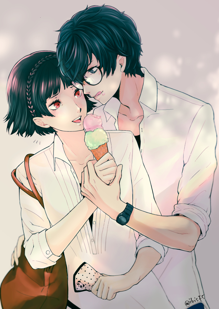 1boy 1girl :d :q amamiya_ren black-framed_eyewear black_hair blue_eyes blush braid collarbone collared_shirt couple cream cream_on_face crown_braid dress_shirt eye_contact food food_on_face glasses grey_background hitoki_(kokusei1977) holding holding_food holding_hands ice_cream looking_at_another niijima_makoto open_mouth persona persona_5 red_eyes shiny shiny_hair shirt short_hair sleeves_rolled_up smile tongue tongue_out twitter_username upper_body white_shirt wing_collar