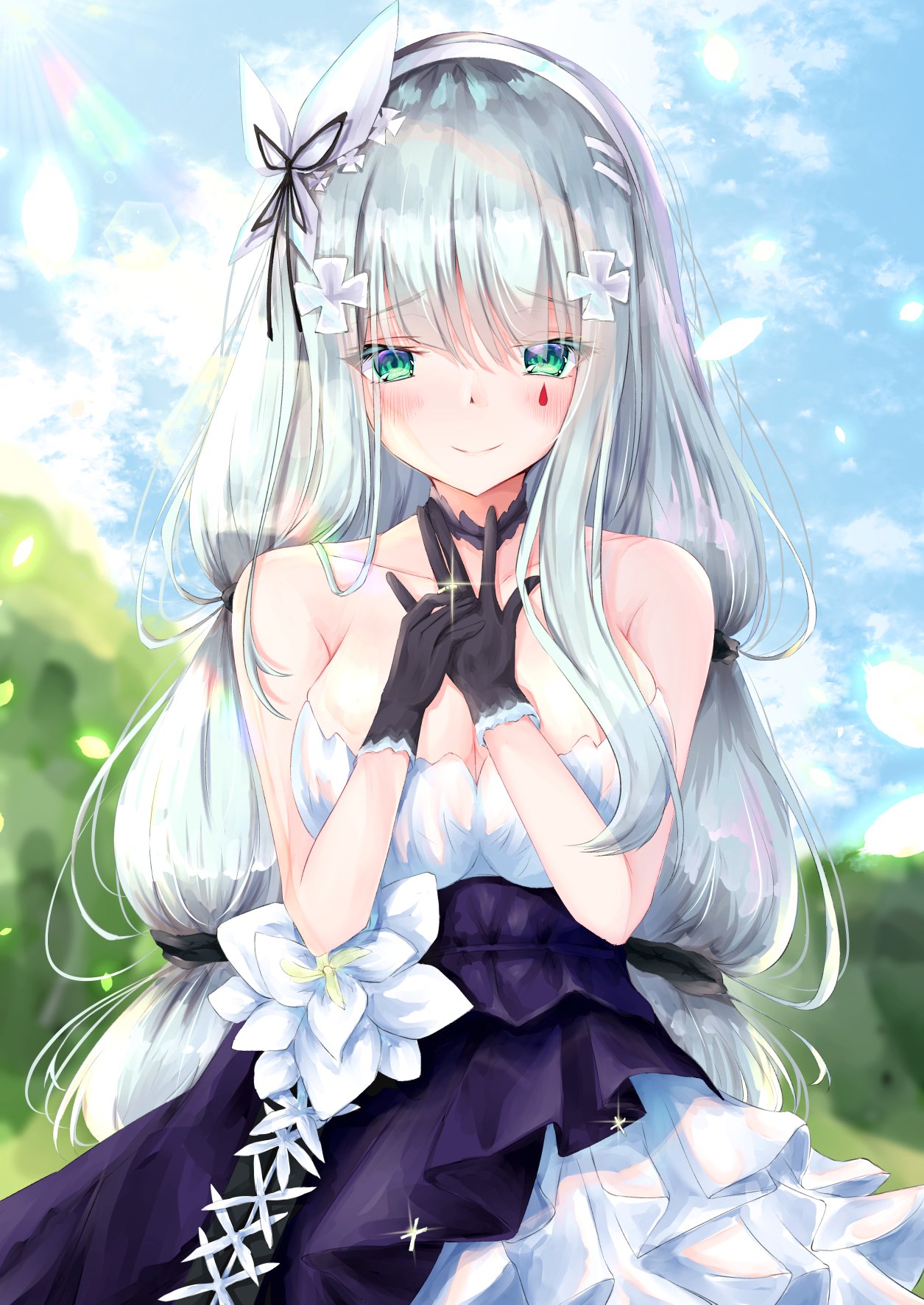 1girl bare_shoulders blush breasts collarbone dress evening_gown frilled_dress frills girls_frontline gloves gradient_eyes green_eyes highres hk416_(girls_frontline) jewelry large_breasts megumi_kei multicolored multicolored_eyes ring silver_hair smile solo strapless strapless_dress teardrop_tattoo wedding_band