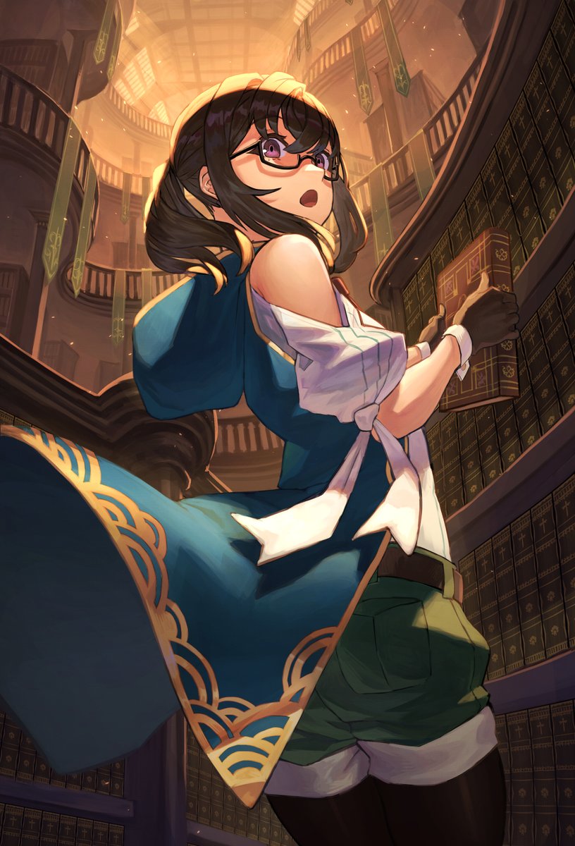 1girl :o bangs banner bare_shoulders belt black-framed_eyewear book bookshelf brown_gloves brown_hair cloak commentary_request flag glasses gloves hair_between_eyes highres holding holding_book hood hooded_cloak indoors konoike_(pepe_expect) library medium_hair open_mouth original pantyhose shorts shoulder_cutout standing violet_eyes