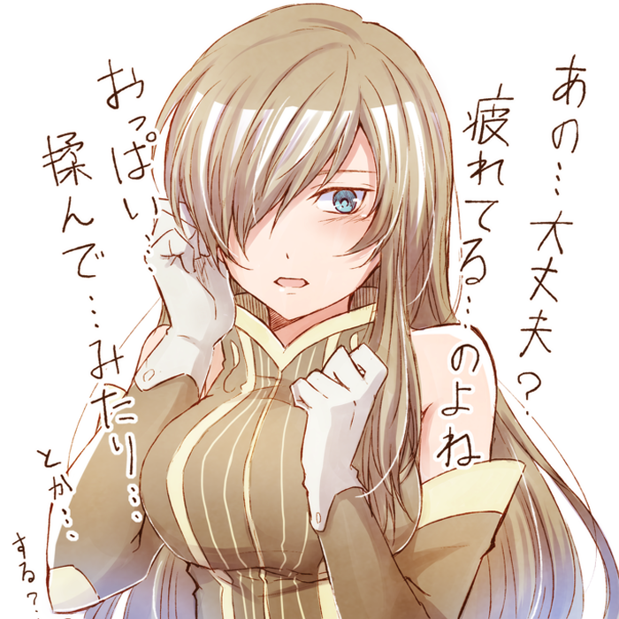 1girl blue_eyes brown_hair brown_sleeves daijoubu?_oppai_momu? detached_sleeves gloves hair_over_one_eye hand_in_hair long_hair long_sleeves looking_at_viewer mishiro_(andante) open_mouth shiny shiny_hair simple_background sketch solo straight_hair tales_of_(series) tales_of_the_abyss tear_grants very_long_hair white_background white_gloves