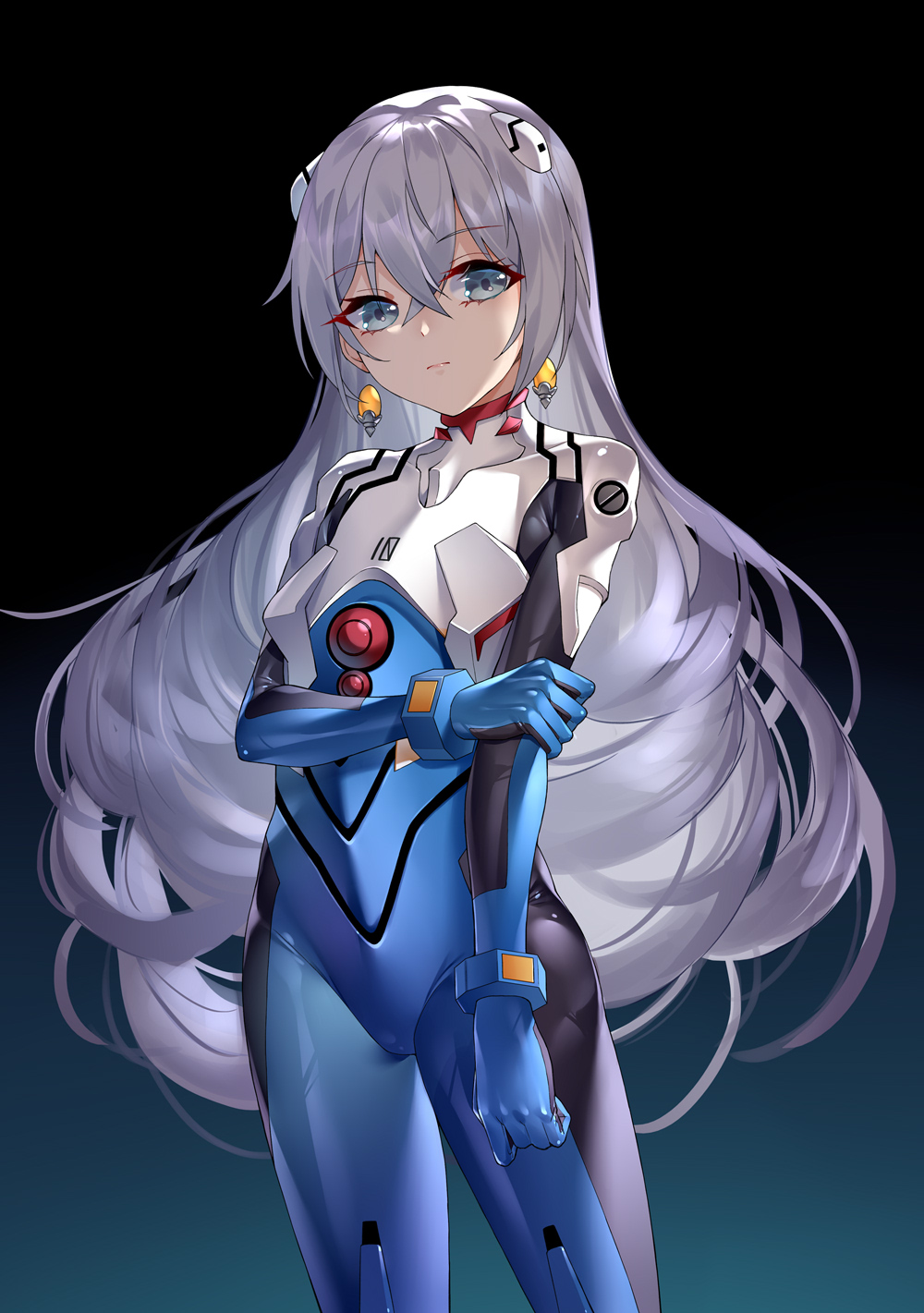 1girl bangs blue_background blue_gloves bodysuit bronya_zaychik closed_mouth commentary_request cowboy_shot earrings expressionless eyebrows_visible_through_hair ginklaga gloves gradient gradient_background grey_eyes hair_between_eyes hair_ornament hand_on_own_arm highres honkai_(series) honkai_impact_3rd jewelry long_hair looking_at_viewer multicolored multicolored_bodysuit multicolored_clothes neon_genesis_evangelion number plugsuit silver_hair solo very_long_hair