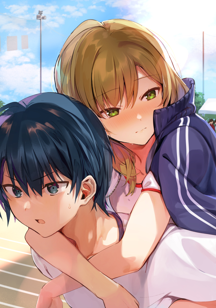 1boy 1girl blue_eyes blue_hair blue_jacket blue_sky blush carrying clouds cloudy_sky commentary day embarrassed eyebrows_visible_through_hair green_eyes gym_uniform hair_between_eyes jacket jacket_on_shoulders konbu_wakame light_brown_hair looking_away looking_to_the_side medium_hair mole mole_under_eye open_mouth original outdoors piggyback shirt short_hair short_sleeves sky sweat sweatdrop symbol_commentary track white_shirt