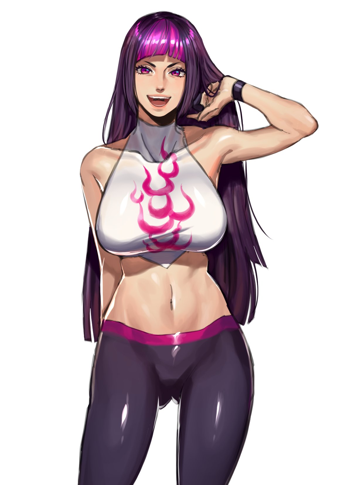 1girl abs arm_at_side ass_visible_through_thighs bangs black_pants blunt_bangs chinese_clothes collarbone commentary cowboy_shot dudou english_commentary eyelashes facing_viewer gloves hair_flaps han_juri hanny_(nhim) highres lips looking_at_viewer multicolored_hair open_mouth pants partly_fingerless_gloves pink_eyes pink_hair purple_hair shiny shiny_clothes skin_tight smile solo standing street_fighter street_fighter_v two-tone_hair white_background yoga_pants