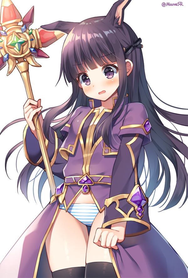 1girl animal_ear_fluff animal_ears black_hair black_legwear blush breasts commentary_request cropped_jacket holding holding_staff jacket kasumi_(princess_connect!) long_hair long_sleeves mauve panties party princess_connect! princess_connect!_re:dive purple_jacket purple_robe simple_background small_breasts solo staff standing striped striped_panties thigh-highs thigh_gap twitter_username underwear very_long_hair violet_eyes white_background