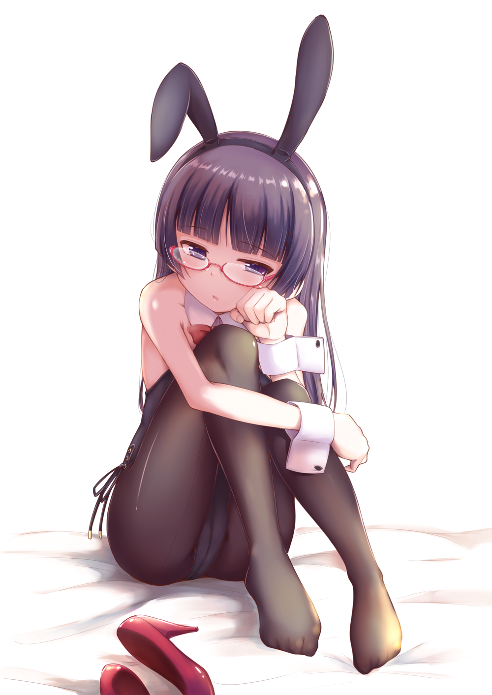 1girl animal_ears bangs bespectacled black_hair black_legwear black_leotard blunt_bangs bow bowtie bunny_girl bunny_tail bunnysuit commentary_request detached_collar glasses gokou_ruri herunin high_heels highres leotard long_hair looking_at_viewer mole mole_under_eye ore_no_imouto_ga_konna_ni_kawaii_wake_ga_nai pantyhose rabbit_ears red-framed_eyewear red_footwear red_neckwear semi-rimless_eyewear shoes_removed sitting solo strapless strapless_leotard tail under-rim_eyewear violet_eyes wrist_cuffs