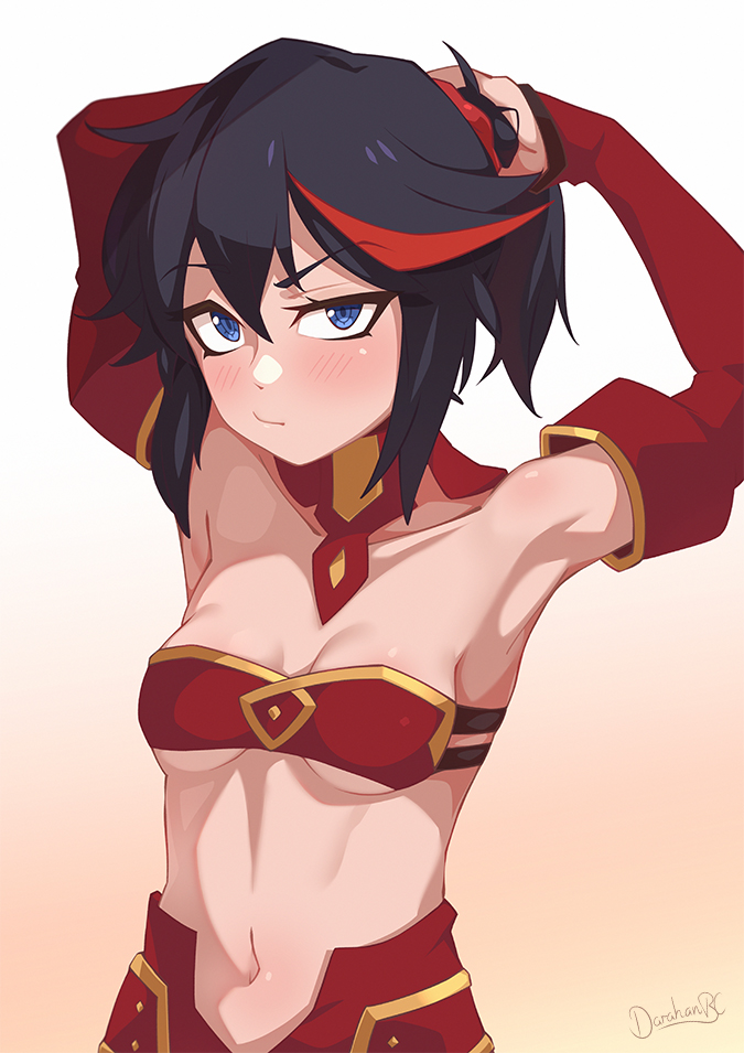 1girl black_hair blue_eyes breasts cosplay darahan detached_sleeves eyebrows fate/apocrypha fate_(series) kill_la_kill matoi_ryuuko mordred_(fate) mordred_(fate)_(all) mordred_(fate)_(cosplay) navel neckwear pout red_neckwear redhead short_hair sidelocks small_breasts tied_hair white_background