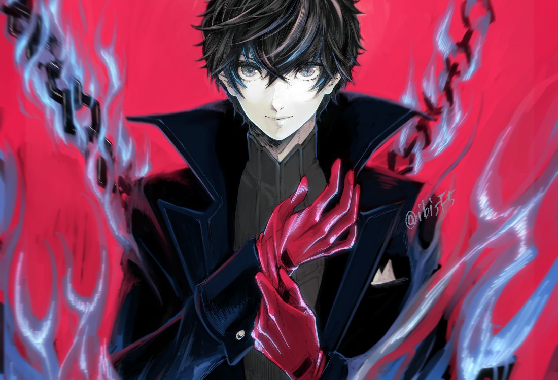 1boy adjusting_clothes adjusting_gloves amamiya_ren bangs black_coat black_hair blue_fire chain closed_mouth coat fire gloves grey_eyes hair_between_eyes hitoki_(kokusei1977) looking_at_viewer open_clothes open_coat persona persona_5 red_background red_gloves smile solo twitter_username upper_body