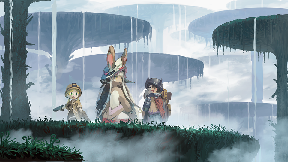 1boy 2girls animal_ears backpack bag black_headwear brown_cape brown_gloves brown_jacket cape commentary_request ears_through_headwear gloves helmet horned_helmet jacket made_in_abyss multiple_girls nanachi_(made_in_abyss) open_clothes open_jacket outstretched_arm pointing regu_(made_in_abyss) riko_(made_in_abyss) shirtless short_sleeves standing wasabi60 water waterfall white_headwear