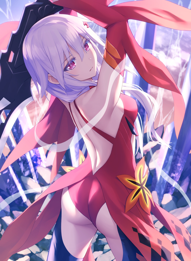 1girl armpits arms_up ass backless_dress backless_outfit bare_shoulders breasts cowboy_shot detached_sleeves dress expressionless from_behind guilty_crown haribote_(tarao) long_hair long_sleeves looking_at_viewer looking_back red_dress red_eyes revealing_clothes small_breasts solo standing sword thighs weapon white_hair yuzuriha_inori