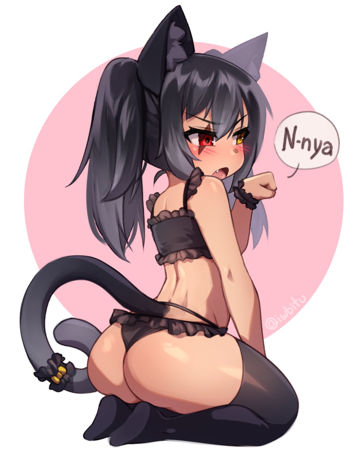 1girl animal_ear_fluff animal_ears artist_name ass bangs bare_shoulders black_bra black_hair black_legwear black_panties black_scrunchie blush bra cat_ears cat_girl cat_tail chibi commentary english_commentary eyebrows_visible_through_hair fang frilled_bra frilled_panties frills full_body hair_between_eyes hand_up heterochromia highres iwbitu-sa lingerie long_hair looking_away nyan open_mouth original panties paw_pose pink_background red_eyes scar scar_across_eye scrunchie seiza simple_background sitting solo tail tail_scrunchie thigh-highs twintails twitter_username underwear underwear_only v-shaped_eyebrows wrist_scrunchie yellow_eyes