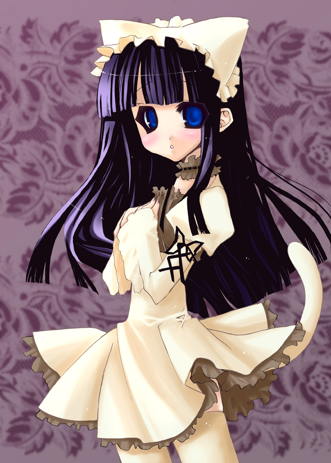1girl animal_hat bad_id blue_eyes cat_hat dress hands_on_own_chest hat hat_with_ears hazuki_(tsukuyomi) long_hair momosui_piromi purple_hair solo tail thigh-highs tsukuyomi_moonphase zettai_ryouiki