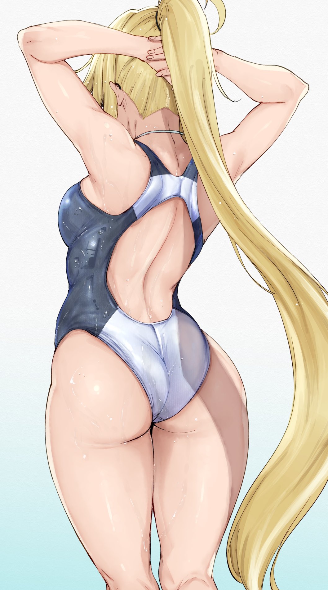 1girl alp arms_behind_head arms_up ass back back_cutout black-framed_eyewear black_hairband blonde_hair breasts competition_swimsuit cowboy_shot fate/grand_order fate_(series) from_behind glasses hairband highres jeanne_d'arc_(fate)_(all) jeanne_d'arc_(swimsuit_archer) legs_together long_hair medium_breasts nape neck one-piece_swimsuit ponytail shiny shiny_hair shiny_skin shoulder_blades solo standing swimsuit thighs very_long_hair wet wet_clothes wet_hair wet_swimsuit white_swimsuit