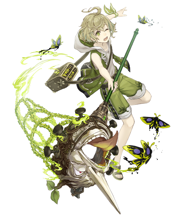 1boy ahoge bag bug butterfly butterfly_net full_body green_eyes green_hair hand_net hood hoodie insect ji_no long_nose looking_at_viewer official_art one_eye_closed pinocchio_(sinoalice) sandals shorts shoulder_bag sinoalice sleeveless solo tongue tongue_out transparent_background upper_teeth