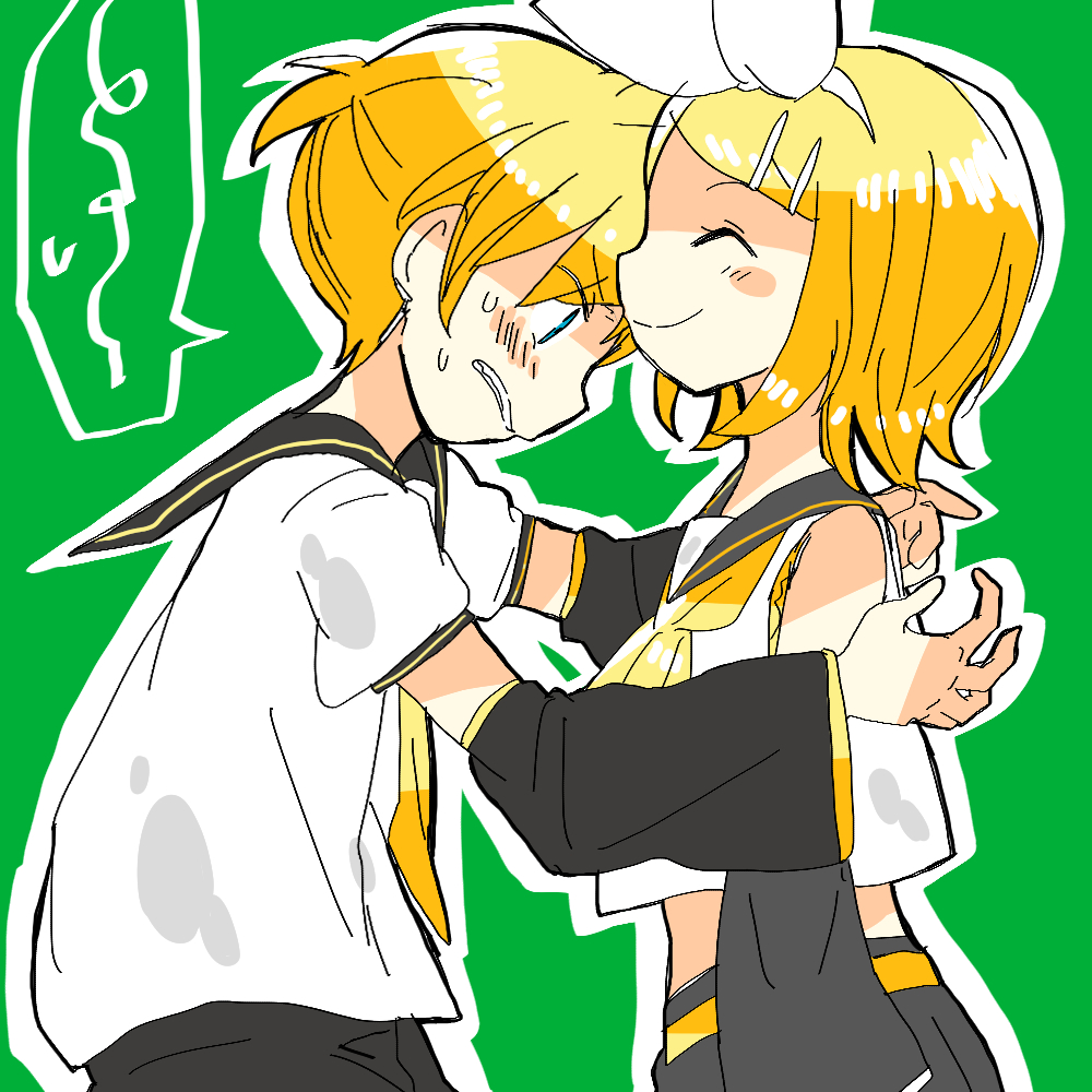 1boy 1girl 7:24 ^_^ arms_at_sides bare_shoulders blonde_hair blue_eyes blush blush_stickers bow brother_and_sister clenched_teeth closed_eyes crop_top detached_sleeves embarrassed hair_bow hair_ornament hairclip imminent_hug kagamine_len kagamine_rin looking_down midriff necktie nervous sailor_collar shirt short_hair short_ponytail shorts siblings sketch sleeveless sleeveless_shirt smile spoken_squiggle squiggle sweatdrop teeth twins vocaloid waiting yellow_neckwear