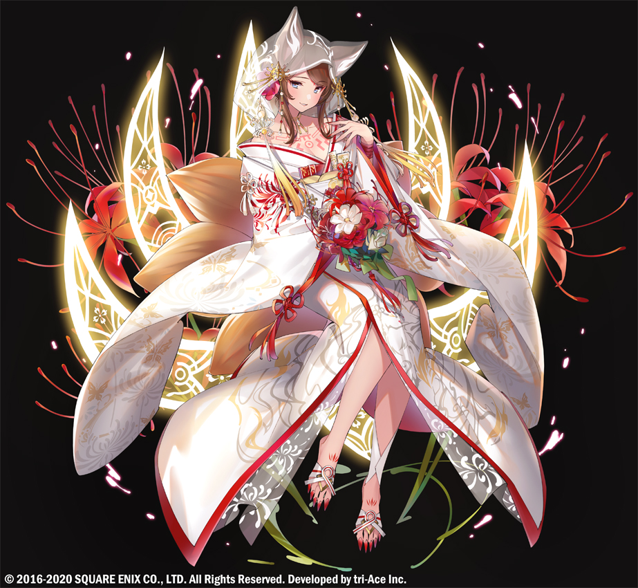 animal_ears bare_shoulders blue_eyes blush bride caleen_keemosn eyebrows eyebrows_visible_through_hair flower fox_ears fox_tail japanese_clothes kimono looking_at_viewer nail_polish official_art pop_kyun red_nails smile star_ocean star_ocean_anamnesis tail white_kimono