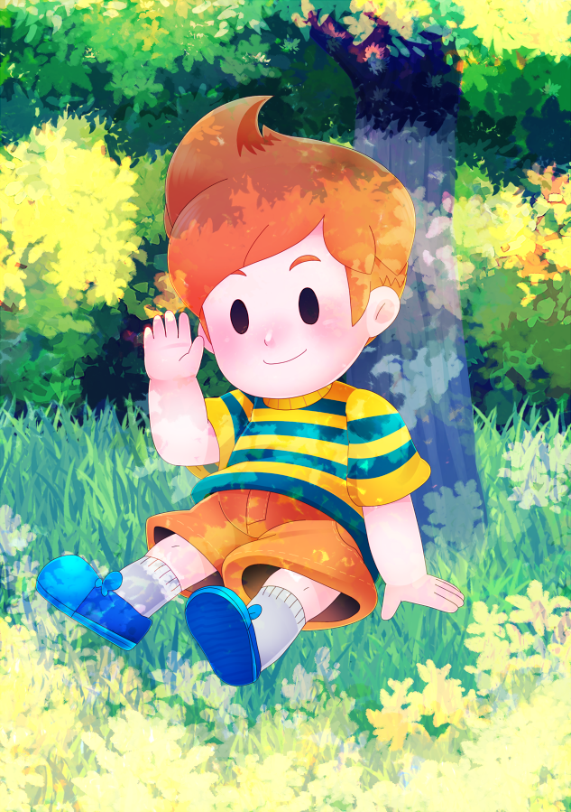 1boy blue_footwear bush child claus dappled_sunlight forest grass male_focus mizuki_(sjsj_10) mother_(game) mother_3 nature orange_hair orange_shorts shirt shoes shorts sitting smile socks solo striped striped_shirt sunlight t-shirt tree waving