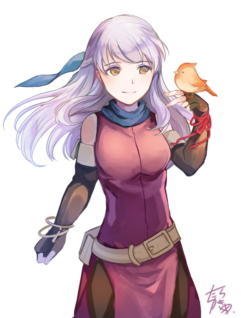 1girl animal_on_hand bangle bare_shoulders belt bird bird_on_hand black_gloves black_legwear blue_scarf bracelet dress elbow_gloves fingerless_gloves fire_emblem fire_emblem:_radiant_dawn gloves hair_ribbon half_updo jewelry long_hair micaiah_(fire_emblem) ribbon scarf side_slit signature silver_hair simple_background sleeveless sleeveless_dress solo white_background yellow_eyes yukimiyuki yune_(fire_emblem)