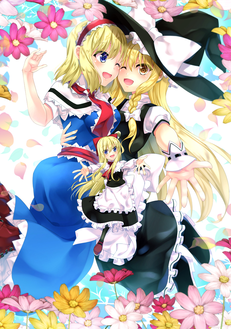 3girls ;d akane_hazuki alice_margatroid asymmetrical_docking black_footwear black_skirt blonde_hair blue_dress blue_eyes boots bow braid breast_press cheek-to-cheek dress flower frilled_skirt frills hair_bow kirisame_marisa long_dress long_hair long_skirt medium_hair multiple_girls one_eye_closed open_mouth pink_flower red_flower red_footwear shanghai_doll shiny shiny_hair shirt short_sleeves single_braid skirt sleeveless sleeveless_dress smile touhou very_long_hair white_bow white_flower white_shirt yellow_eyes yuri