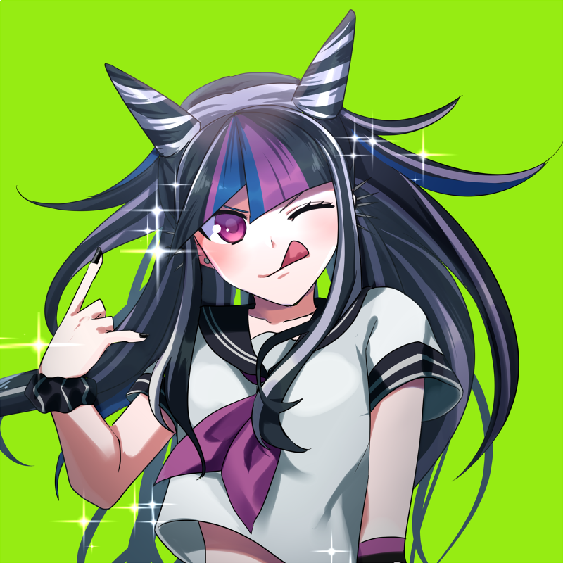 1girl ;q bangs black_hair black_nails black_sailor_collar black_scrunchie collarbone dangan_ronpa floating_hair green_background highlights long_hair looking_at_viewer midriff mioda_ibuki multicolored_hair nail_polish neckerchief one_eye_closed pink_eyes purple_neckwear sailor_collar sailor_shirt school_uniform scrunchie serafuku shirt short_sleeves simple_background sketti solo sparkle stomach super_dangan_ronpa_2 tongue tongue_out upper_body very_long_hair white_shirt wrist_scrunchie