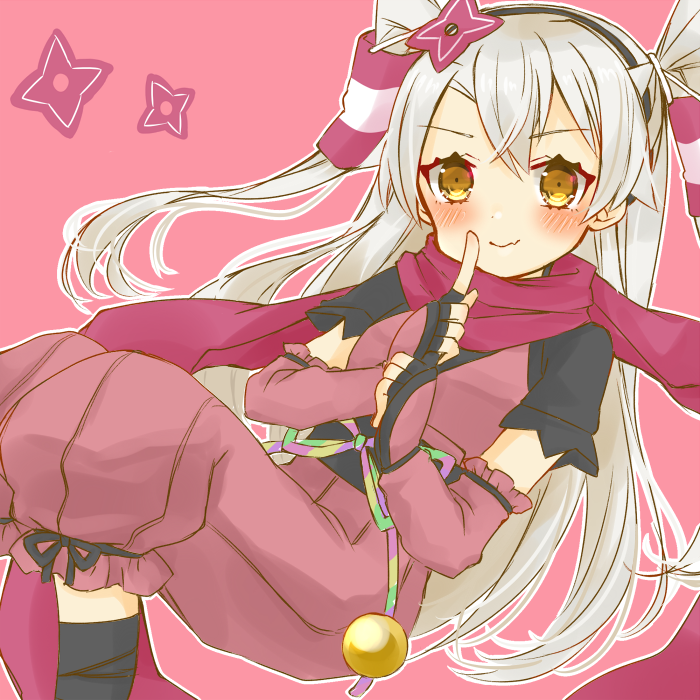 1girl alternate_costume amatsukaze_(kantai_collection) brown_eyes cocoperino commentary_request gauntlets hair_tubes hairband japanese_clothes kantai_collection long_hair ninja pink_background red_scarf scarf short_sleeves shuriken silver_hair simple_background solo two_side_up windsock