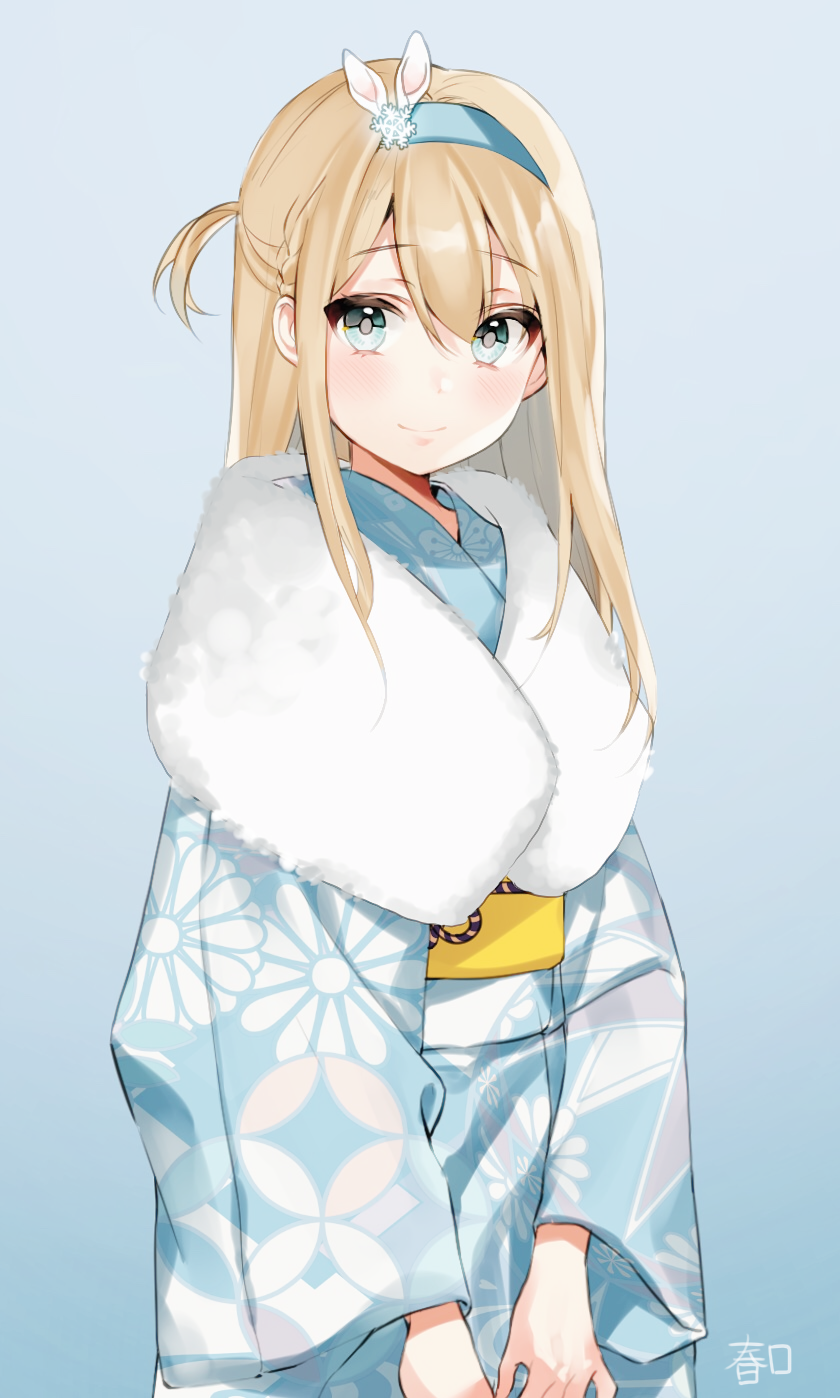 1girl blonde_hair blue_background blue_eyes blue_kimono blush chungu closed_mouth copyright_request cowboy_shot eyebrows_visible_through_hair hairband highres japanese_clothes kimono long_hair long_sleeves looking_at_viewer obi one_side_up sash smile solo v_arms wide_sleeves yellow_sash