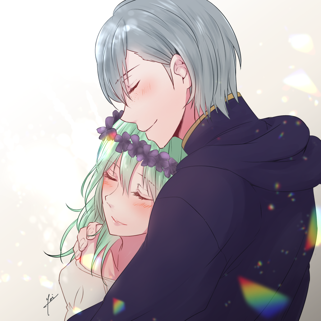 1boy 1girl ashe_ubert blush byleth_(fire_emblem) byleth_eisner_(female) closed_eyes collarbone couple fire_emblem fire_emblem:_three_houses green_hair hand_on_another's_shoulder hetero hood hood_down long_hair parted_lips profile shiny shiny_hair silver_hair simple_background smile upper_body white_background yori_(a_a_yori)