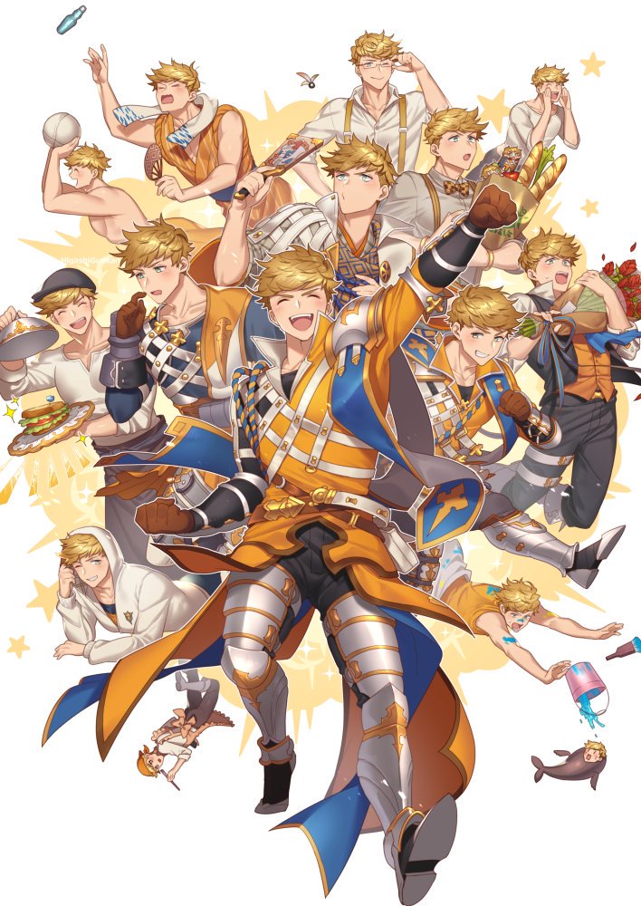 1boy :o alternate_costume alternate_hairstyle armor ball bangs bara blonde_hair blush bouquet bow bowtie bread character_name chest cleavage_cutout closed_eyes collage cover cover_page english_text fanbook flower food full_body fur_gloves gloves granblue_fantasy green_eyes headwear higashigunkan hood hood_up hoodie leg_armor long_sleeves looking_at_viewer looking_to_the_side looking_up lying male_focus multiple_persona muscle on_stomach one_eye_closed open_clothes open_mouth paint paint_on_face paint_splatter pants revealing_clothes sandwich sash shiny shiny_hair shirt shirtless short_sleeves shouting sleeveless sleeves_rolled_up smile smirk star_(symbol) teeth toned toned_male towel vambraces vane_(granblue_fantasy) white_shirt