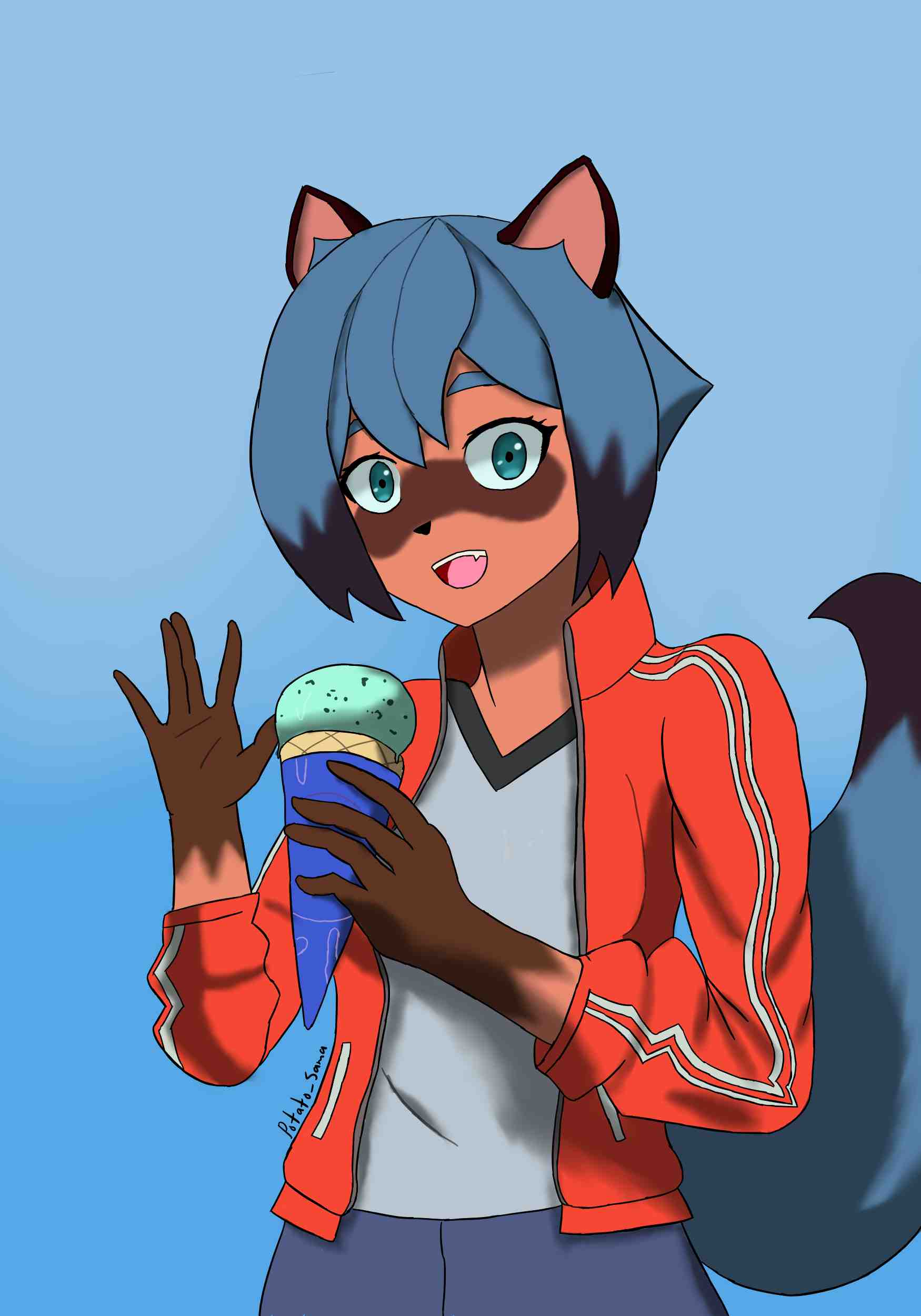 absurdres animal_ears brand_new_animal food furry highres holding holding_food ice_cream ice_cream_cone jacket kagemori_michiru raccoon raccoon_ears raccoon_tail self_upload simple_background smile tail tanuki waving