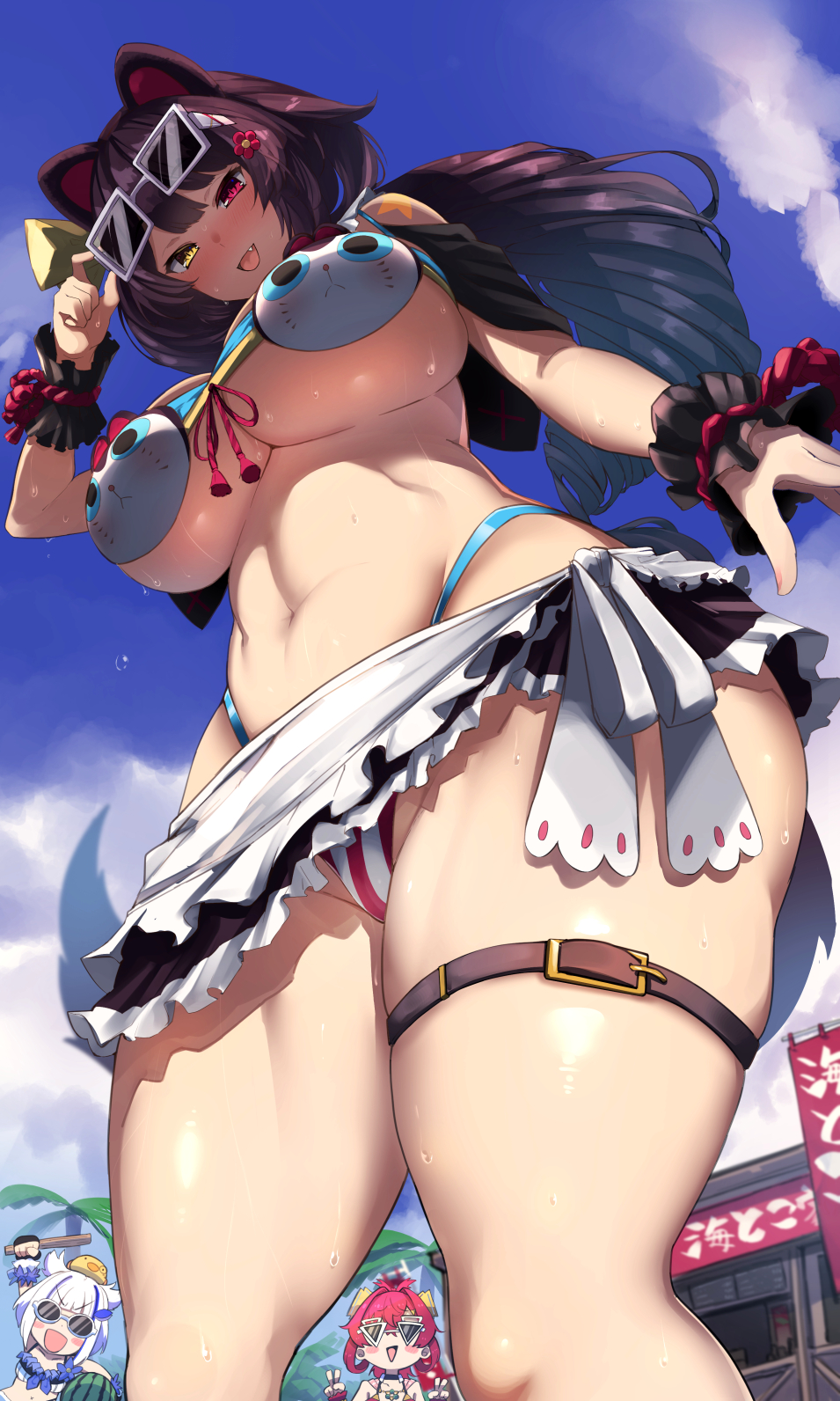 3girls abs animal_ears belt bikini breasts character_request dog_ears fang heterochromia highres inui_toko large_breasts looking_at_viewer looking_down midriff multiple_girls navel nijisanji nuezou palm_tree red_eyes smile sunglasses sweat swimsuit thick_thighs thighs tree under_boob white_bikini yellow_eyes