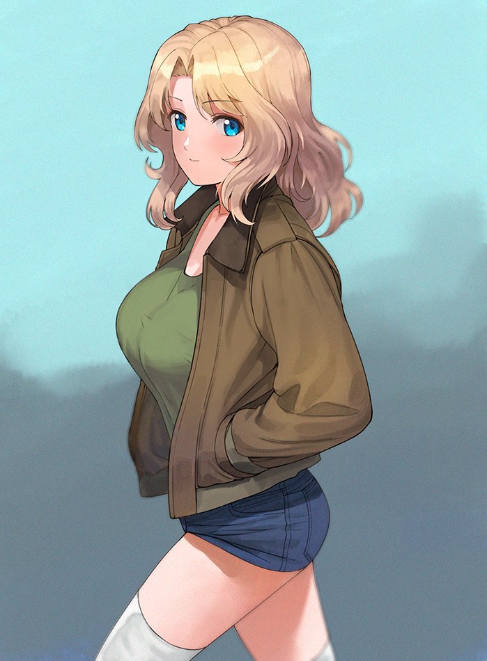 1girl a1 blonde_hair blue_eyes blush breasts closed_mouth cowboy_shot denim denim_shorts eyebrows_visible_through_hair girls_und_panzer green_shirt hair_intakes hands_in_pockets jacket kay_(girls_und_panzer) large_breasts light_smile long_hair looking_at_viewer open_clothes open_jacket parted_hair raised_eyebrows shirt short_shorts shorts smile solo thigh-highs wavy_hair white_legwear